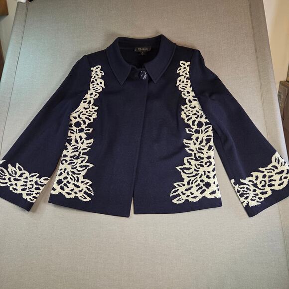 St. John Collection Sweater Blazer Women’s 10 Navy White Knit Jacket USA Made - Picture 1 of 13